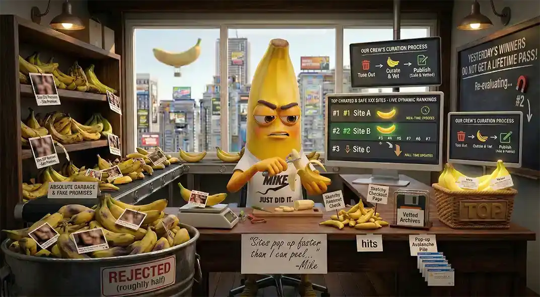 Mike the Banana sorting sites into the TOP basket and BAD bucket — our filtering process in action