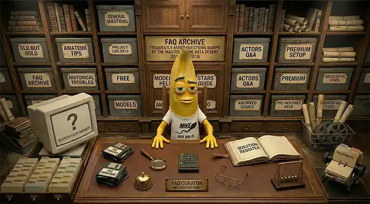 FAQ Archive desk with a funny mascot curating answers in a vintage library setting