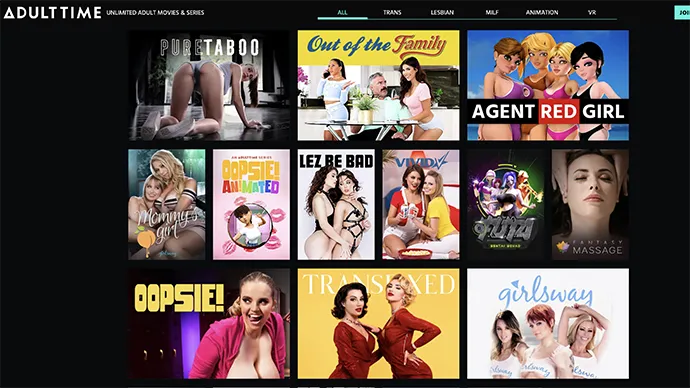 Adult Time homepage screenshot showing massive porn streaming platform